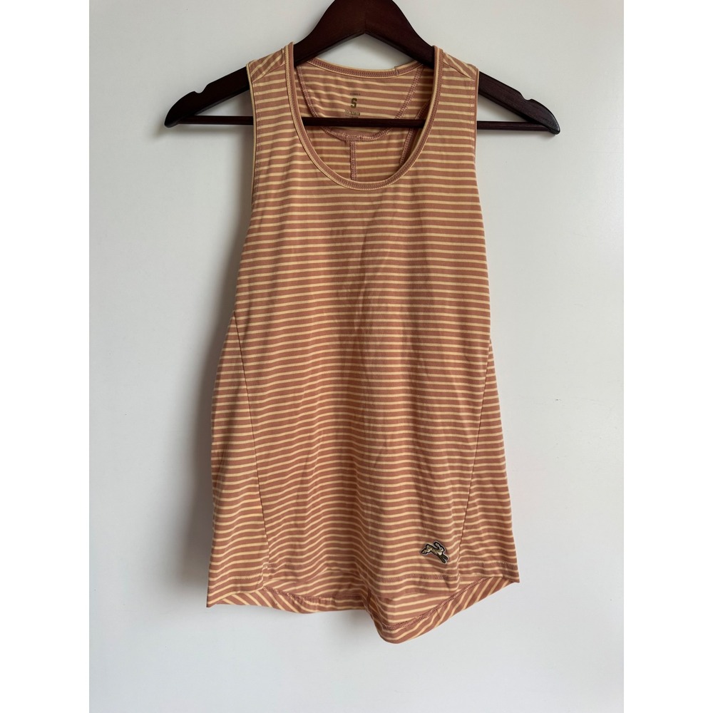 Tracksmith Womens Small Striped Racerback Running Tank Top Pink Yellow Hare Logo